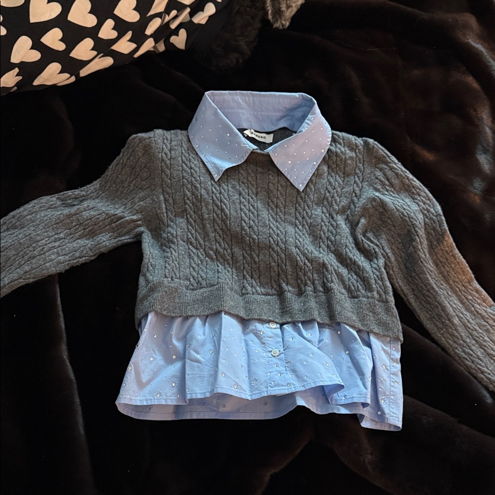 Sandro Gray Sweater with Light Blue Collar